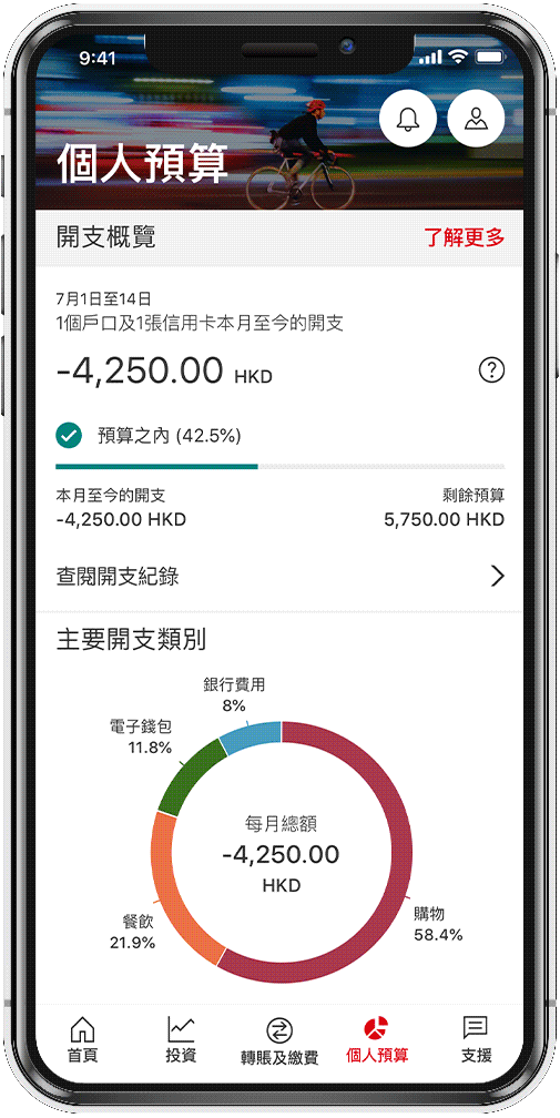 于 HSBC HK App 查阅「个人预算」